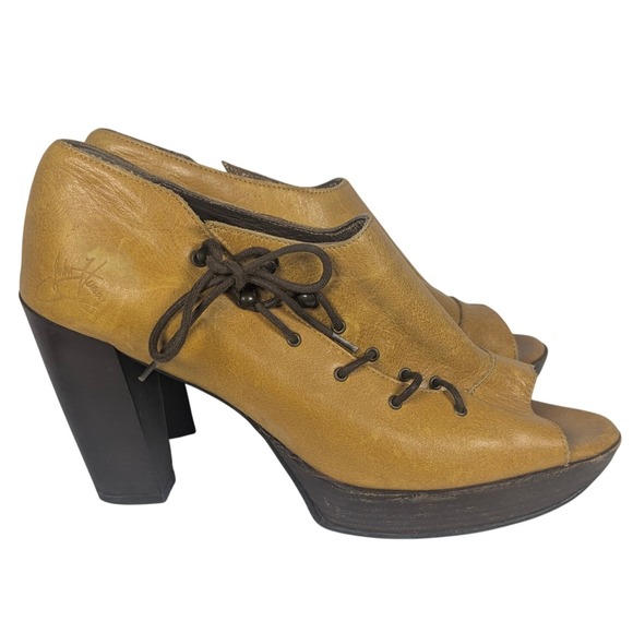 John Fluevog Goldenrod Summertime Ashbury‎ Peep Toe Lace Up Platform Block Heel - Picture 4 of 9